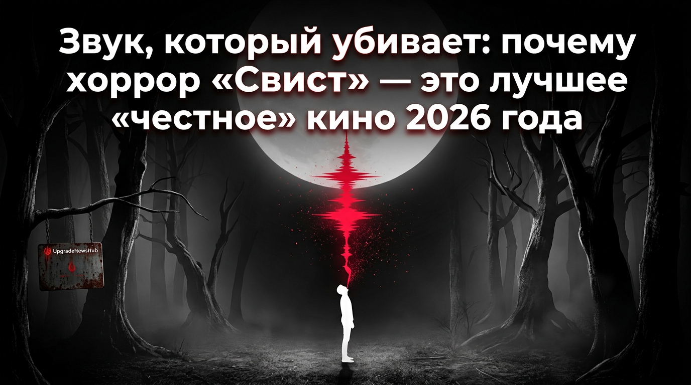 Фильм Свист (2026) — напуганный персонаж в темном лесу слушает странный звук.